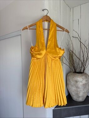Lulu's Golden Yellow Pleated Halter Mini Dress